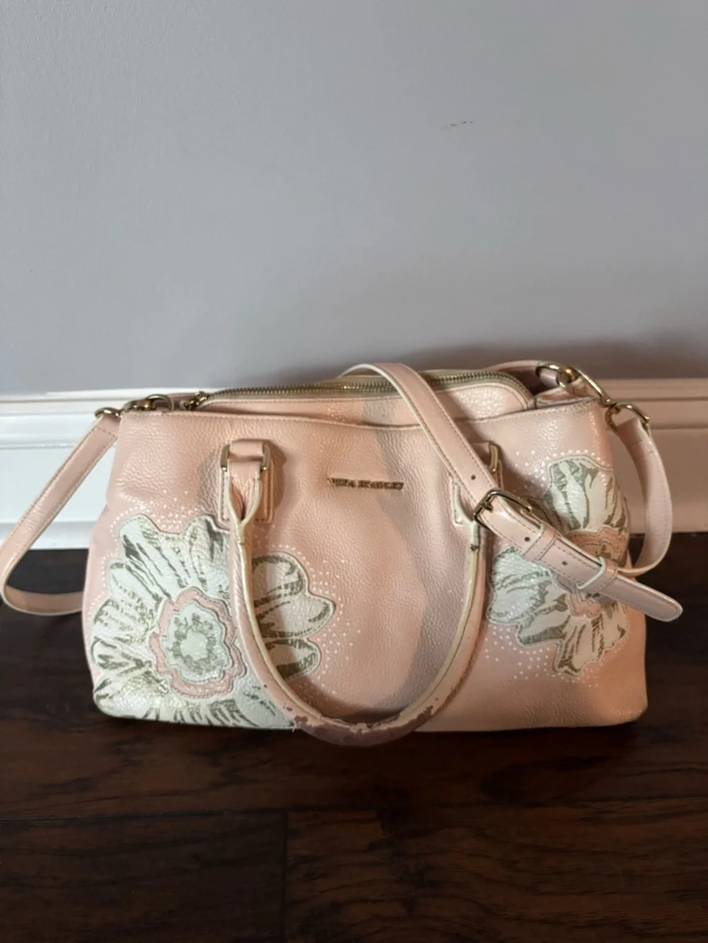 Vera Bradley Pale Pink Leather Floral Appliqué Satchel Handbag Purse - Picture 1 of 11